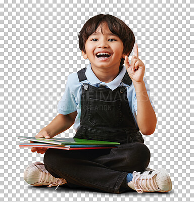 Buy stock photo Happy, books and boy with hand up for education or school isolated on transparent png background. Question, child development or Asian kid student with smile, homework or creative ideas for learning