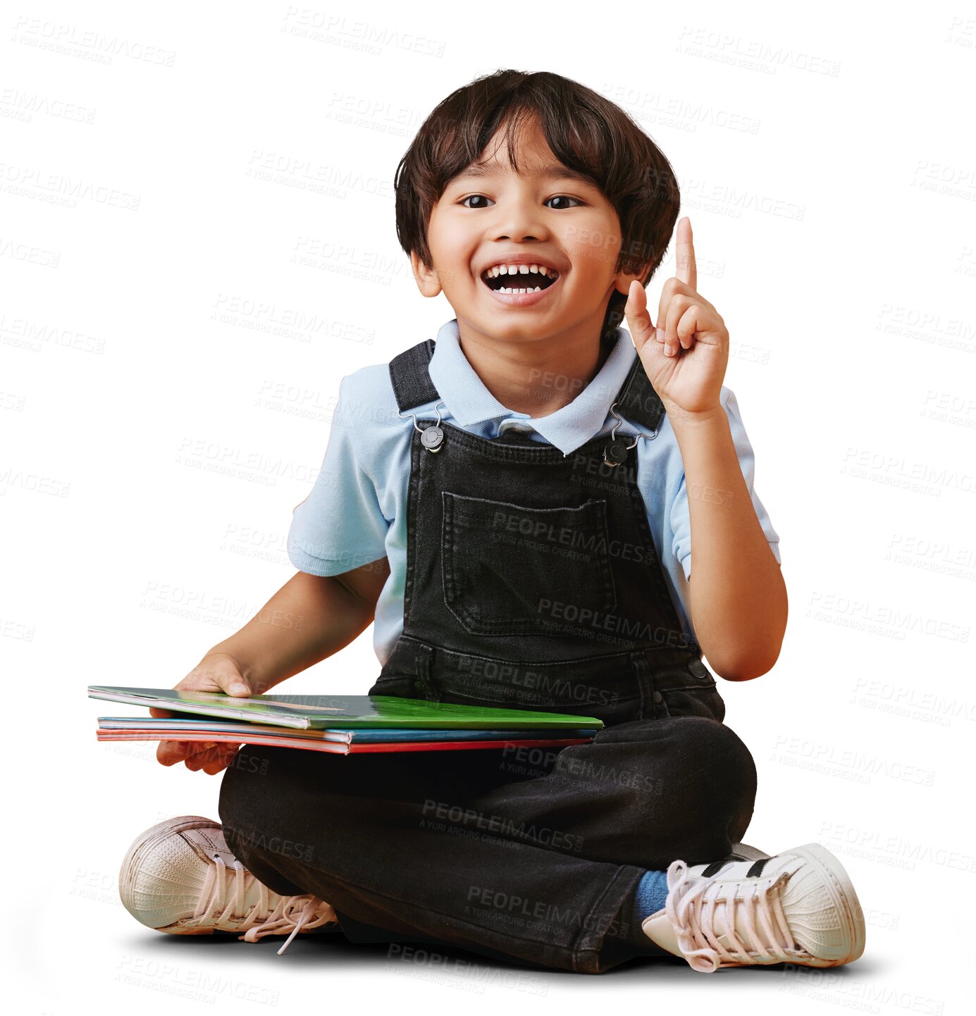 Buy stock photo Happy, books and boy with hand up for education or school isolated on transparent png background. Question, child development or Asian kid student with smile, homework or creative ideas for learning