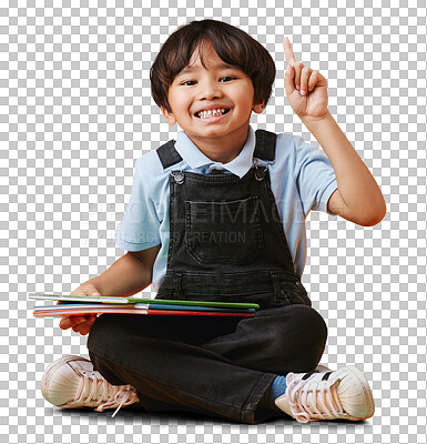 Buy stock photo Portrait, books or kid with hand up for school education isolated on transparent png background. Asking question, child development or happy Asian student sitting with smile to learn a creative idea