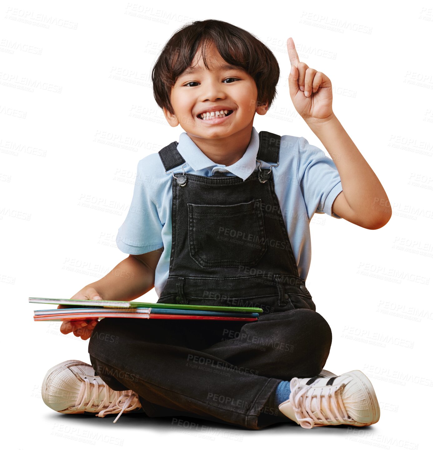 Buy stock photo Portrait, books or kid with hand up for school education isolated on transparent png background. Asking question, child development or happy Asian student sitting with smile to learn a creative idea