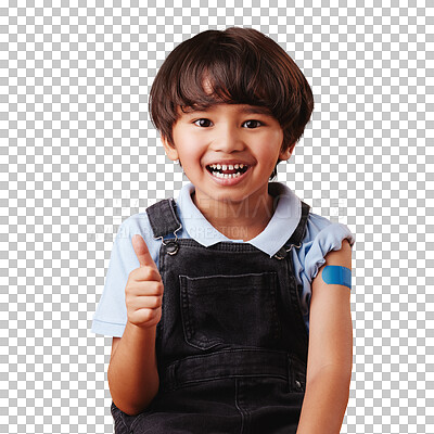 Buy stock photo Plaster, happy portrait and child with thumbs up for health support, wellness and injury first aid for medical emergency. Feedback, emoji sign or Asian kid with bandage on transparent, png background