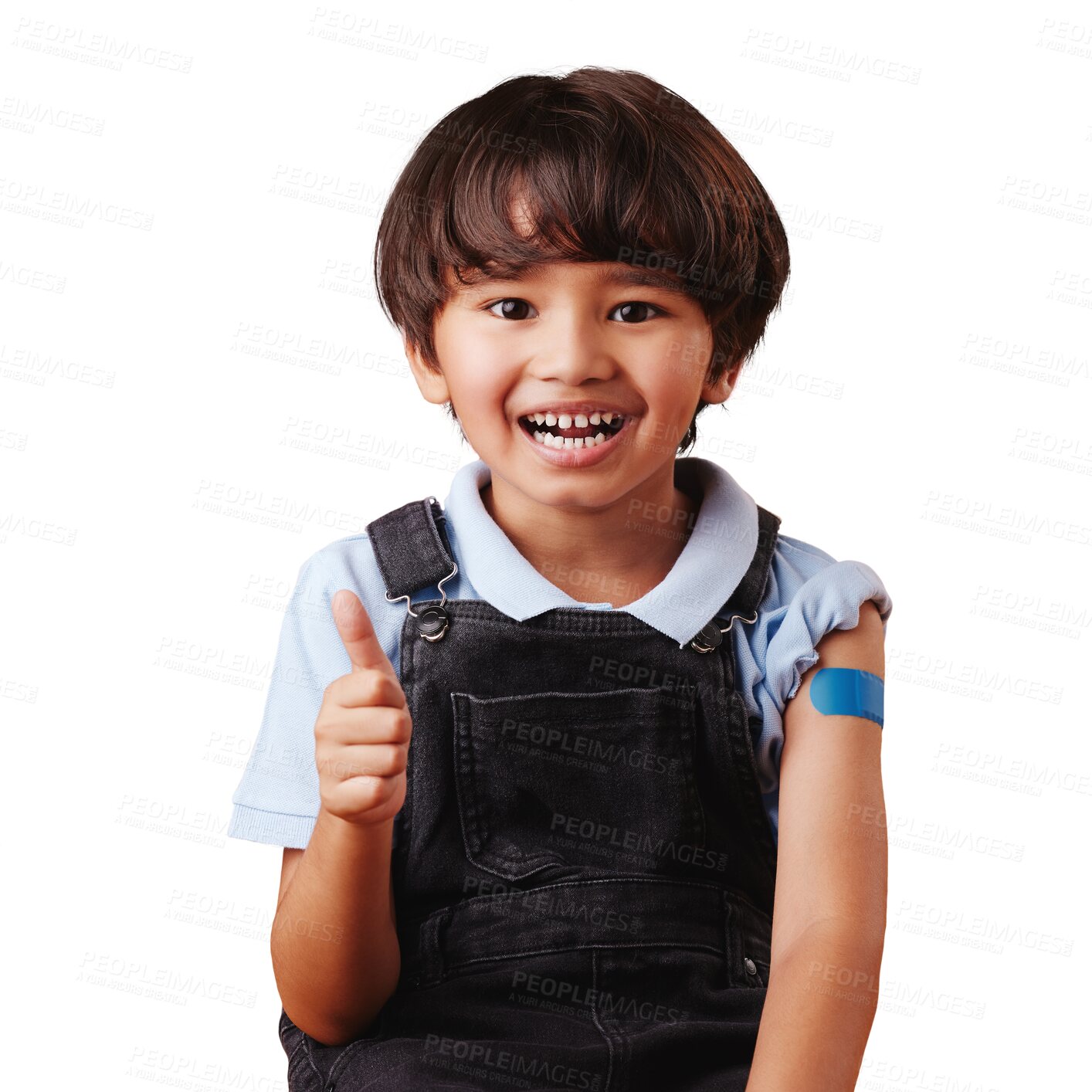 Buy stock photo Plaster, happy portrait and child with thumbs up for health support, wellness and injury first aid for medical emergency. Feedback, emoji sign or Asian kid with bandage on transparent, png background