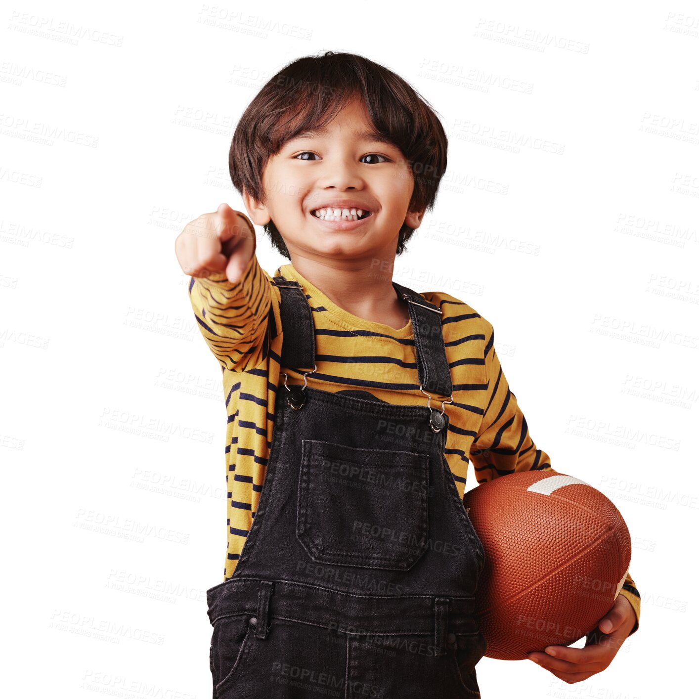 Buy stock photo Sports, football portrait and happy child pointing at competition choice, challenge or youth development. Smile, fun games and young player decision, gesture or choose on transparent, png background