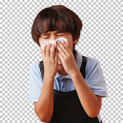 One mixed race Asian boy blowing his nose while looking sick and posing against an orange copyspace background. Cute Asian kid with a runny nose and an allergy