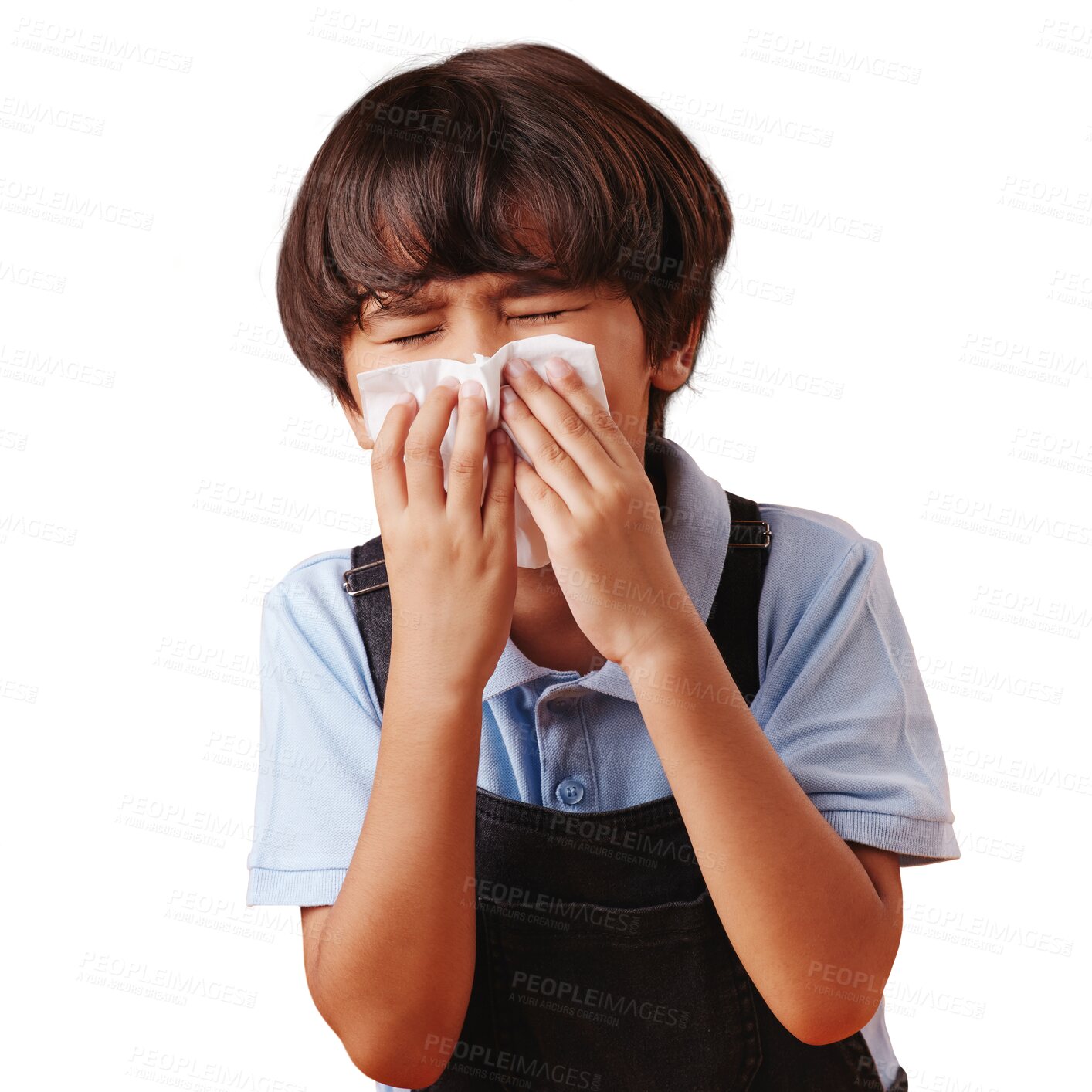 Buy stock photo Sick, blowing nose or kid with napkin for allergies, illness and sneezing. isolated on transparent PNG background. Virus bacteria, allergy or young child with hay fever, sinusitis or medical flu 