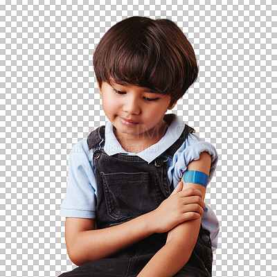 Buy stock photo Injury, sad and young child with plaster for health security, bad wound and safety first aid for medical emergency. Healthcare risk, problem or unhappy kid with bandage on transparent, png background