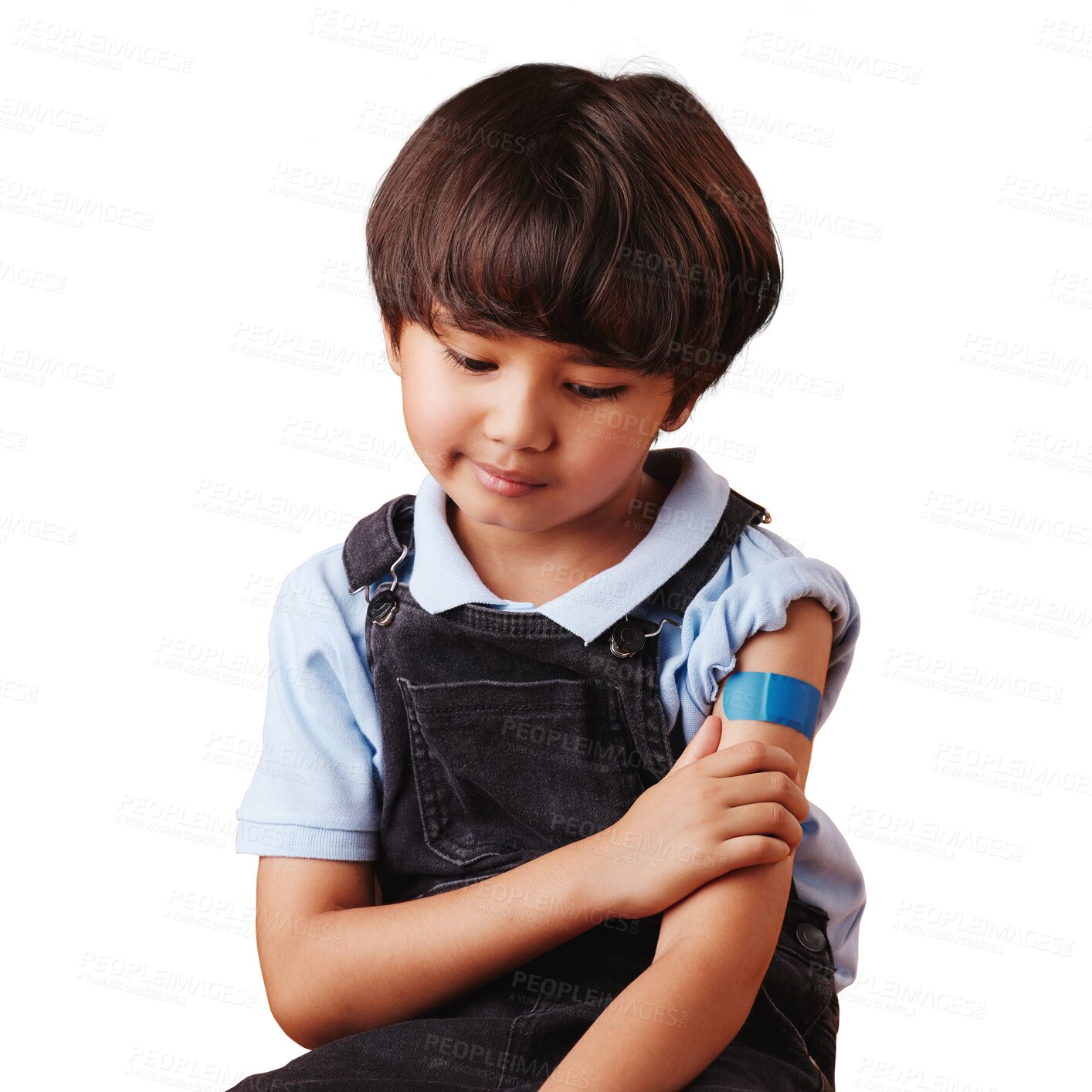 Buy stock photo Injury, sad and young child with plaster for health security, bad wound and safety first aid for medical emergency. Healthcare risk, problem or unhappy kid with bandage on transparent, png background