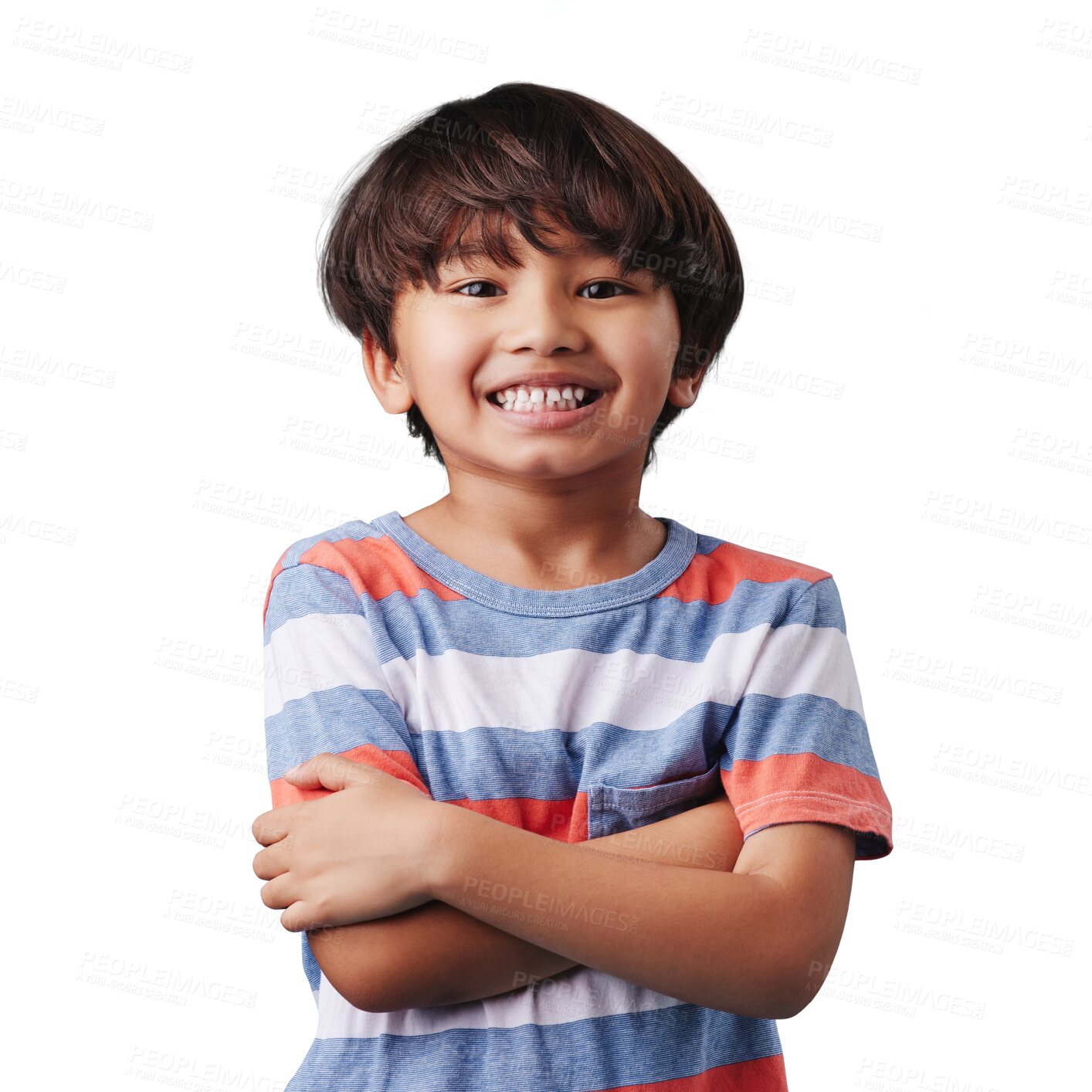 Buy stock photo Portrait, fashion and arms crossed with an indian child isolated on a transparent background for kids fashion. Smile, trendy or cute with a happy and confident young boy on PNG for youth style