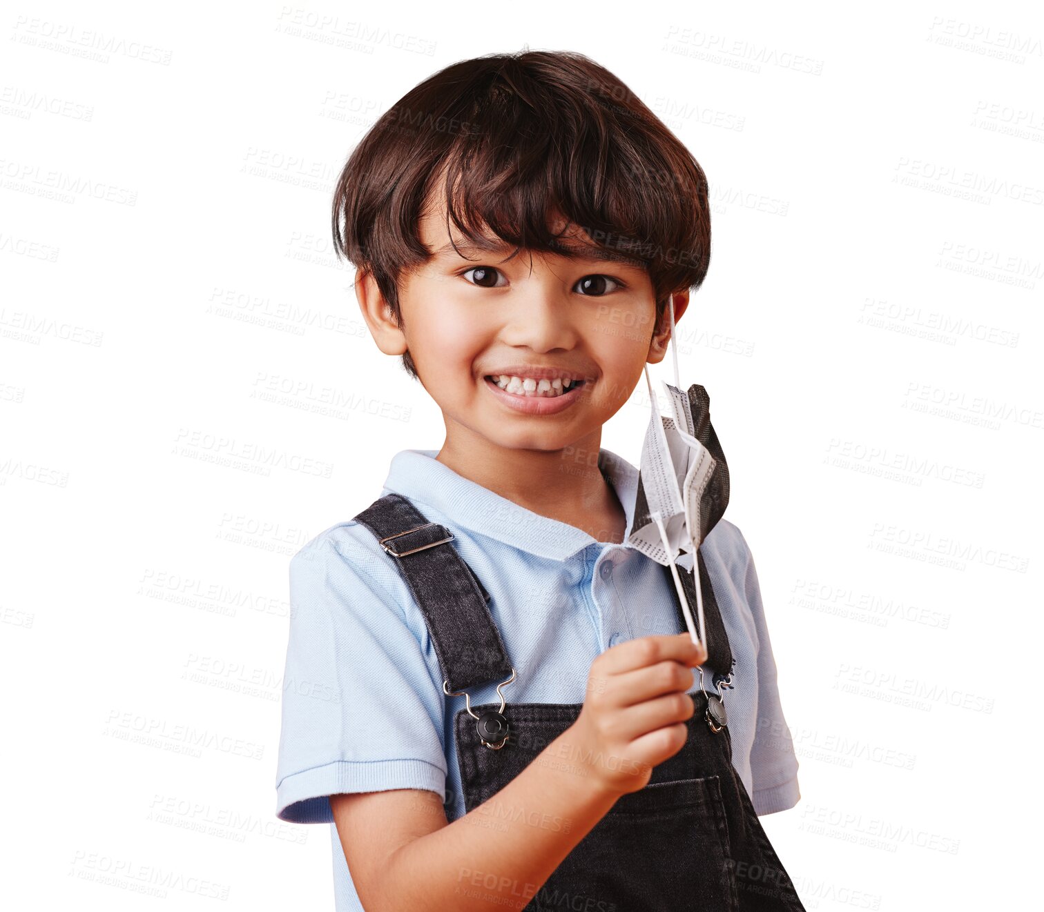 Buy stock photo Portrait, children and remove mask with a boy isolated on a transparent background for safety. Smile, kids and post covid regulations with a happy young indian kid on PNG for the end of corona virus