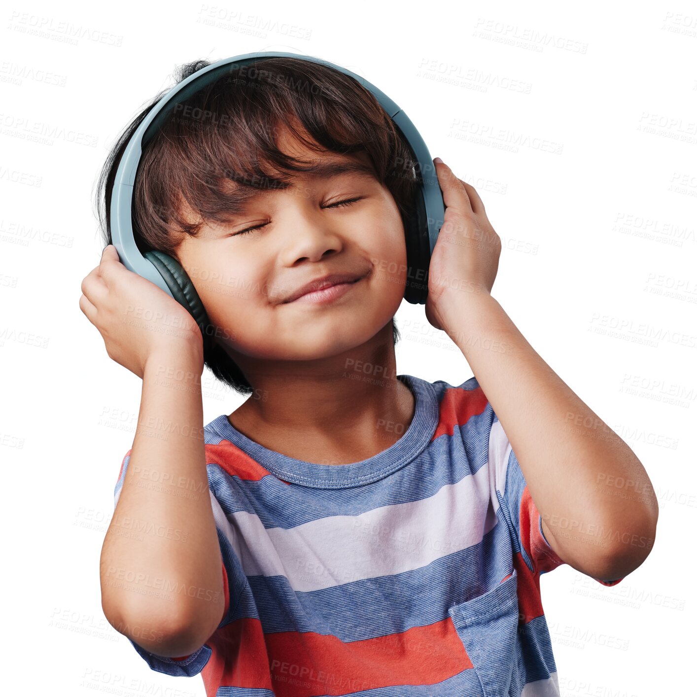 Buy stock photo Smile, headphones and cute boy child listening to music, playlist or radio with calm attitude. Happy, peaceful and little kid model streaming a song or album isolated by transparent png background.