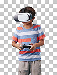 Young mixed race boy standing and wearing a wireless vr headset and holding a console controller while playing a video game against a blue background. Fun and games are for the weekend