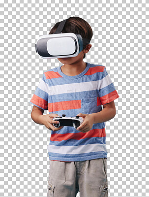 Young mixed race boy standing and wearing a wireless vr headset and holding a console controller while playing a video game against a blue background. Fun and games are for the weekend