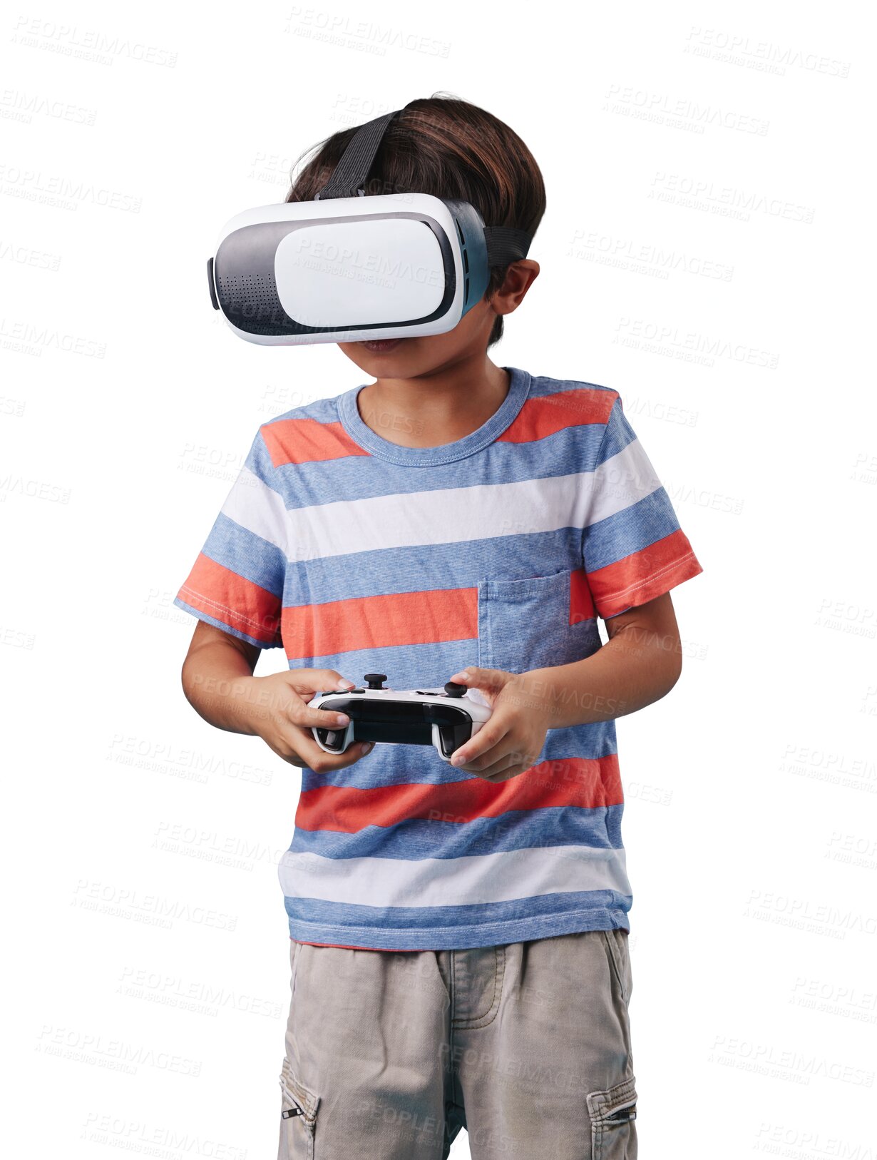 Buy stock photo Child, boy or virtual reality metaverse gaming to play isolated on transparent on png background. Joystick, 3D experience or young male kid gamer in VR goggles for video games or future technology