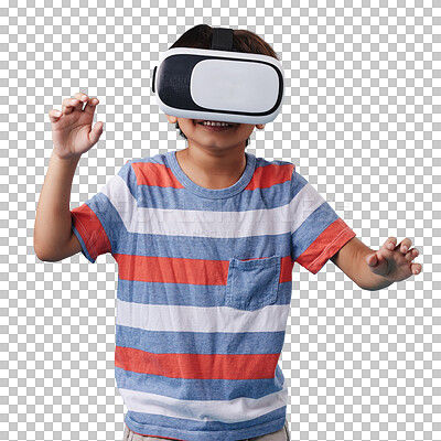 Young mixed race boy standing and wearing a wireless vr headset and playing a video game against a blue background. Fun and games on are for the weekend