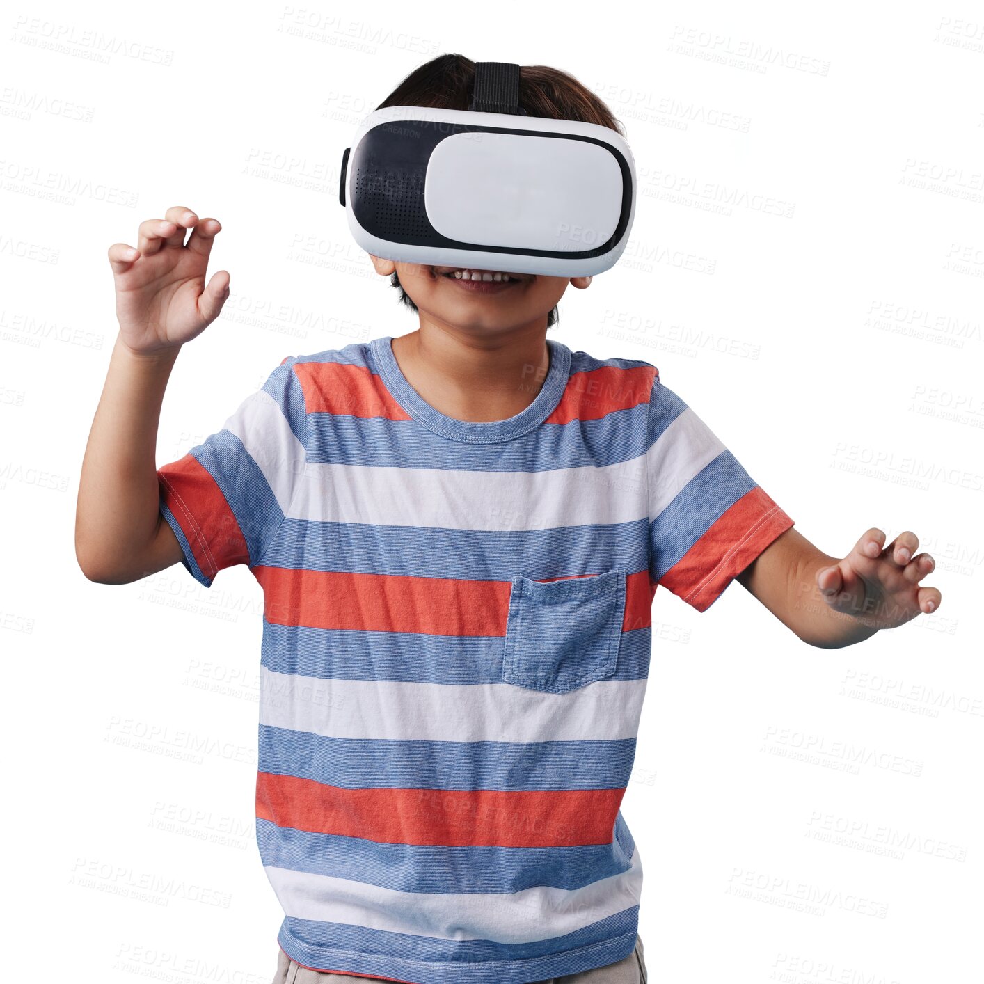 Buy stock photo Kid, boy or virtual reality metaverse gaming to play isolated on transparent on png background. Digital, 3D experience or young male child gamer in VR goggles for video games or future technology