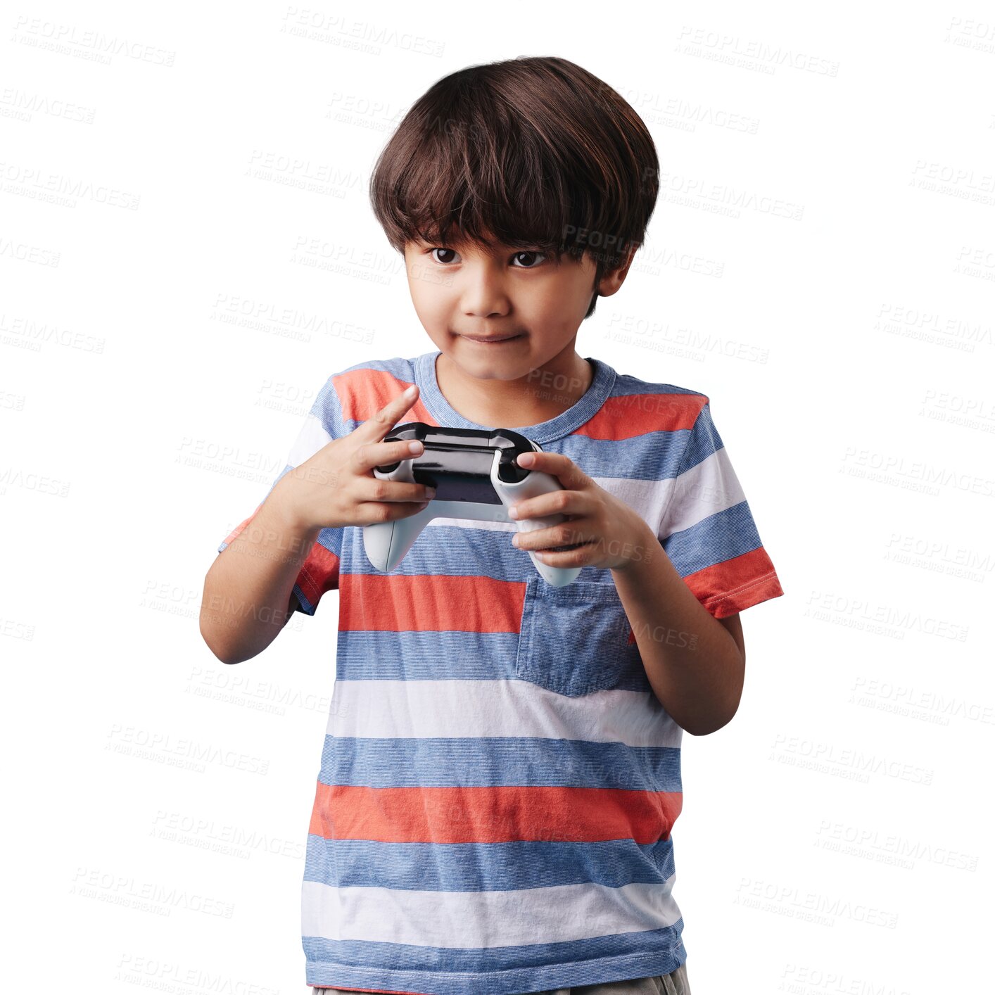 Buy stock photo Child, controller or boy gaming to play online sports isolated on transparent on png background. Joystick, fun experience or young male kid gamer with focus for video games or cool future technology