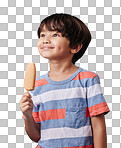 One adorable little asian boy looking happy while enjoying a sweet treat against a blue background. Mixed race child eating a sugar popsicle in summer