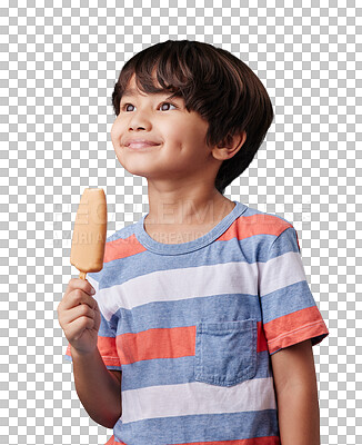 One adorable little asian boy looking happy while enjoying a sweet treat against a blue background. Mixed race child eating a sugar popsicle in summer