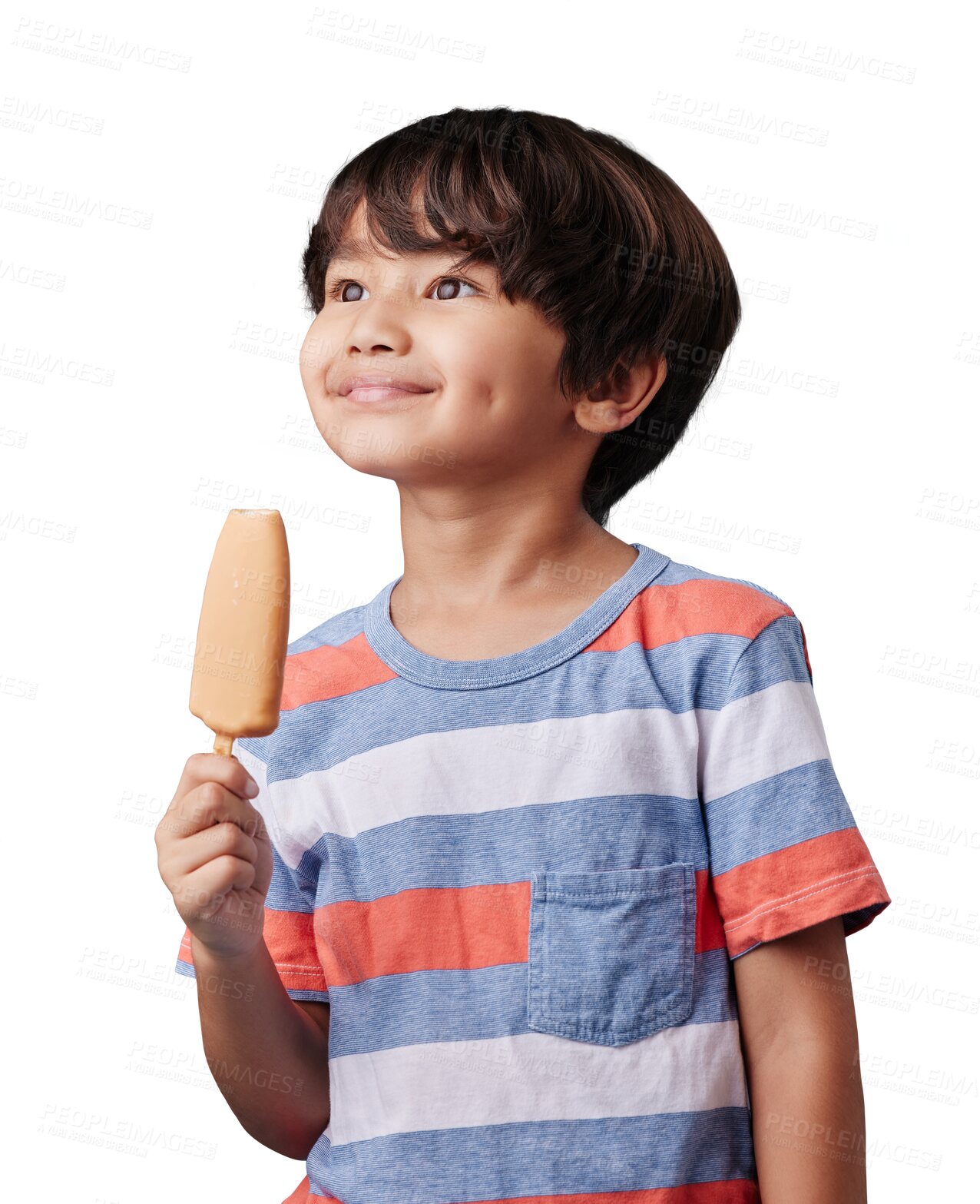 Buy stock photo Smile, boy child and popsicle isolated on transparent png background eating sweet summer treats. Happy face of kid with chocolate icecream reward, frozen dessert on stick or ice candy for holiday fun