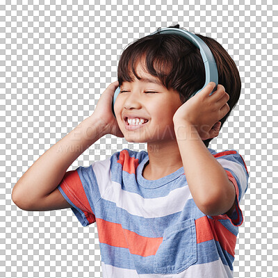 Buy stock photo Smile, headphones and cute boy child listening to music, playlist or radio for entertainment. Happy, excited and little Asian kid model streaming song or album isolated by transparent png background.