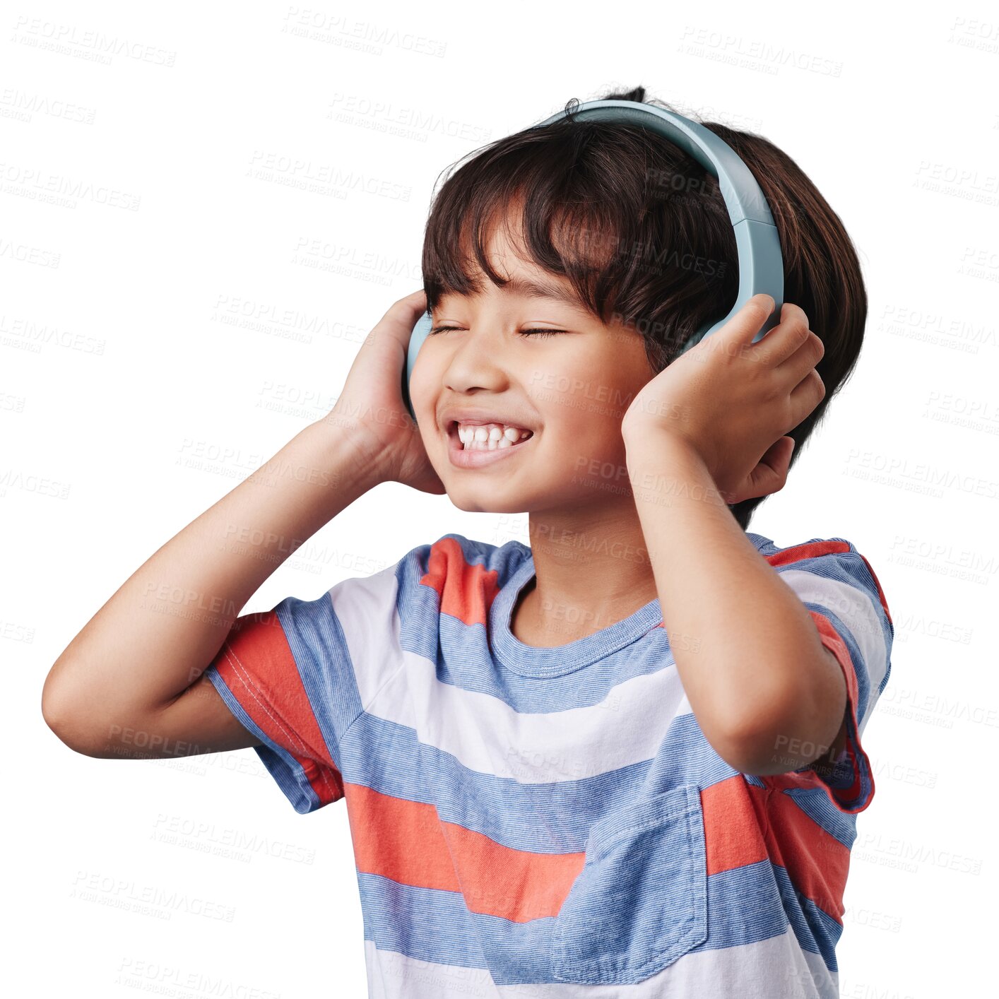 Buy stock photo Smile, headphones and cute boy child listening to music, playlist or radio for entertainment. Happy, excited and little Asian kid model streaming song or album isolated by transparent png background.