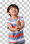 Portrait of an adorable little asian boy looking happy while enjoying a sweet treat against a blue background. Mixed race child eating a sugar dipped popsicle as a snack