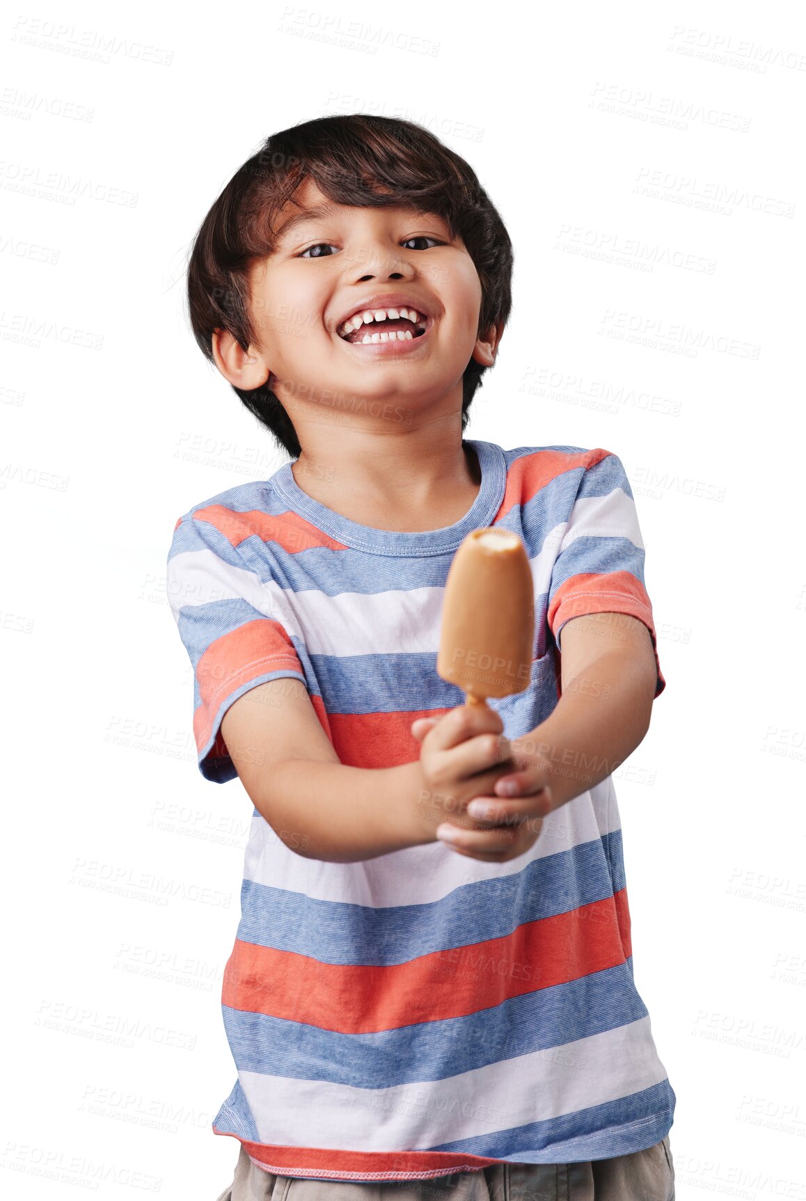 Buy stock photo Portrait, happy child giving popsicle and isolated on transparent png background with summer sweets. Boy face with chocolate icecream, frozen dessert on stick or ice candy for holiday fun with smile.