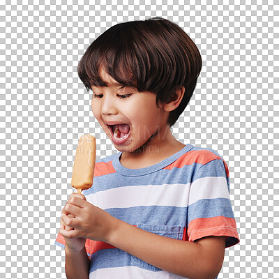 One happy adorable mixed race boy isolated against a blue background in a studio, eating an ice cream. Cute asian child biting into a delicious and tasty ice cream. Eating sweet summer snack