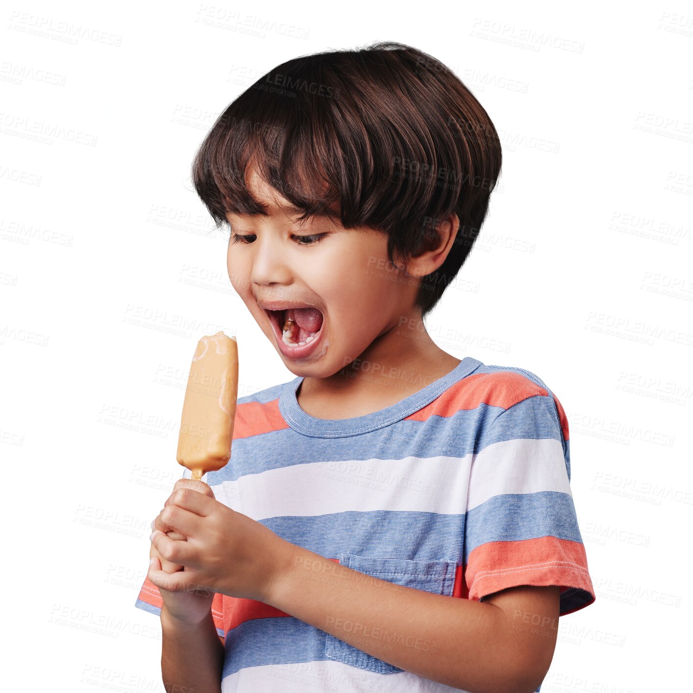 Buy stock photo Eating, boy child and popsicle isolated on transparent png background with sweet summer treats. Excited face of kid with chocolate icecream reward, frozen dessert stick or ice candy for holiday fun.