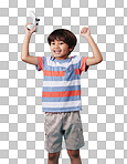 Young mixed race boy standing and holding a console controller while playing a video game against a blue background. cute child celebrating winning a game