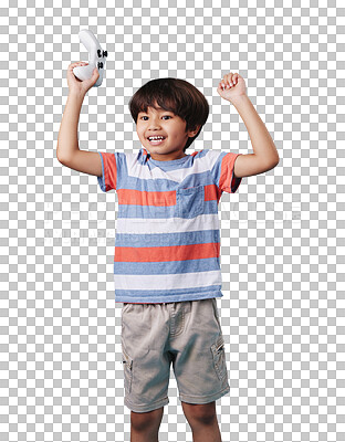 Buy stock photo Winner, controller or boy gaming to play online sports isolated on transparent on png background. Joystick, happy or excited kid gamer with success, victory or goal for video games on technology