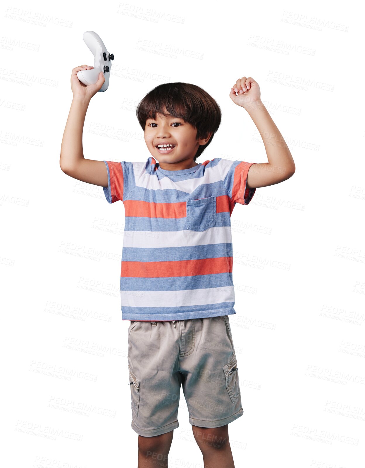 Buy stock photo Winner, controller or boy gaming to play online sports isolated on transparent on png background. Joystick, happy or excited kid gamer with success, victory or goal for video games on technology