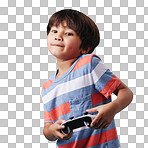 Young mixed race boy standing and holding a console controller while playing a video game against a blue background. Fun and games are a good activity for weekends