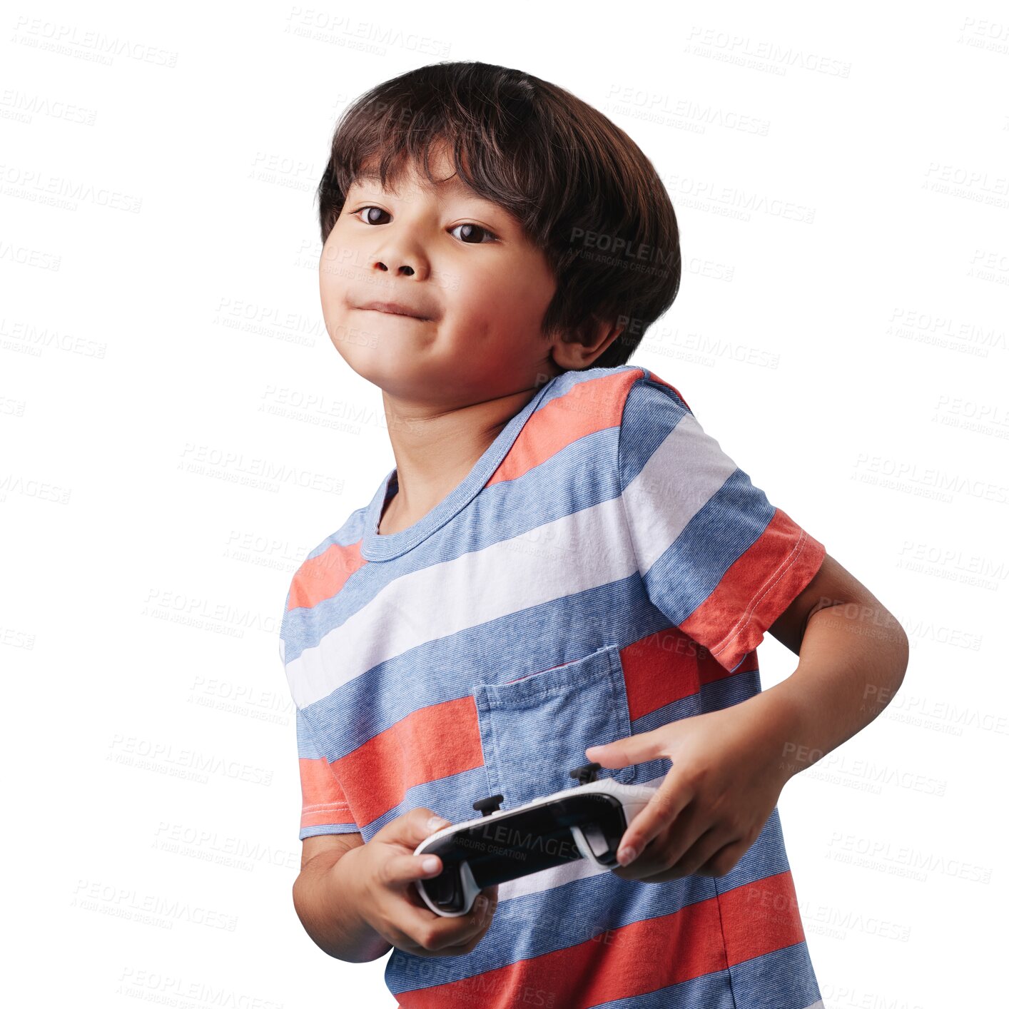 Buy stock photo Child, joystick or boy gaming to play online sports isolated on transparent on png background. Controller, fun experience or young male kid gamer with focus for video games or cool future technology