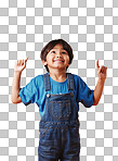 Adorable little boy looking cheerful wearing casual clothes and pointing his finger up against an orange copyspace  background. Little boy with an idea while having fun