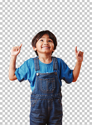 Buy stock photo Smile, kid pointing up at space and advertising isolated on a transparent png background. Happy, child and hand gesture for marketing, commercial or promotion for ads, information and announcement