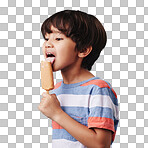 One adorable little asian boy looking happy while enjoying a sweet treat against a blue background. Mixed race child eating a sugar popsicle in summer