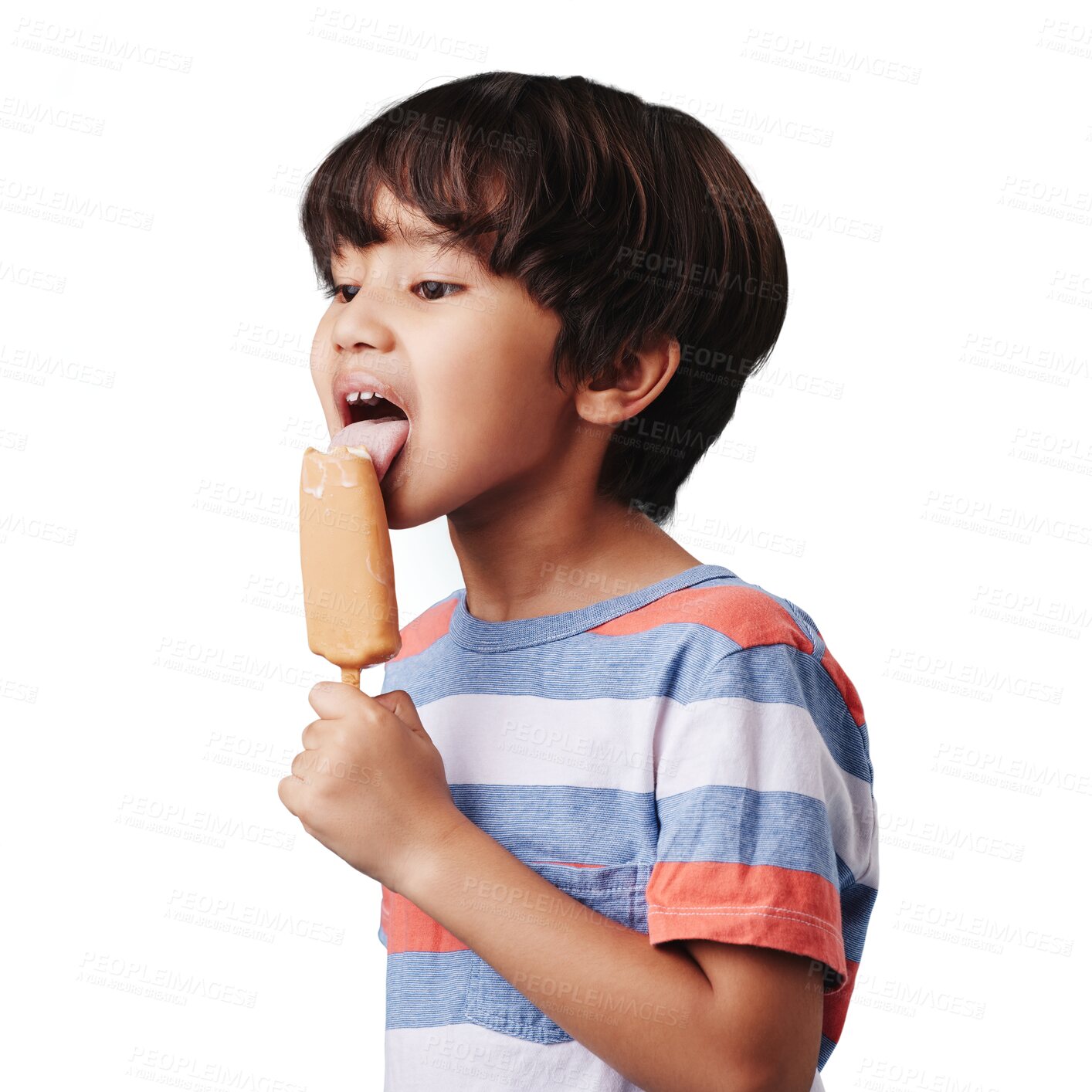 Buy stock photo Eating, boy child and icecream isolated on transparent png background with sweet summer treats. Happy face of kid with chocolate popsicle reward, frozen dessert on stick or ice candy for holiday fun.