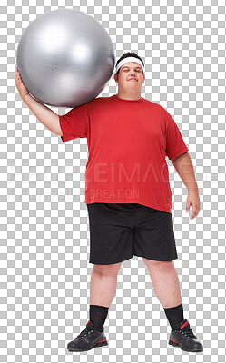 Buy stock photo Isolated plus size man, lose weight and ball in portrait for exercise with smile by transparent png background. Guy, workout and training for health, wellness and fitness for body transformation