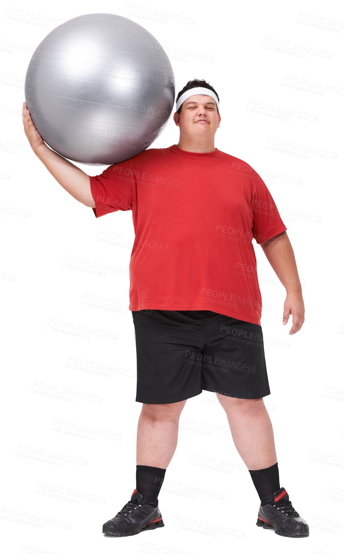 Buy stock photo Isolated plus size man, lose weight and ball in portrait for exercise with smile by transparent png background. Guy, workout and training for health, wellness and fitness for body transformation