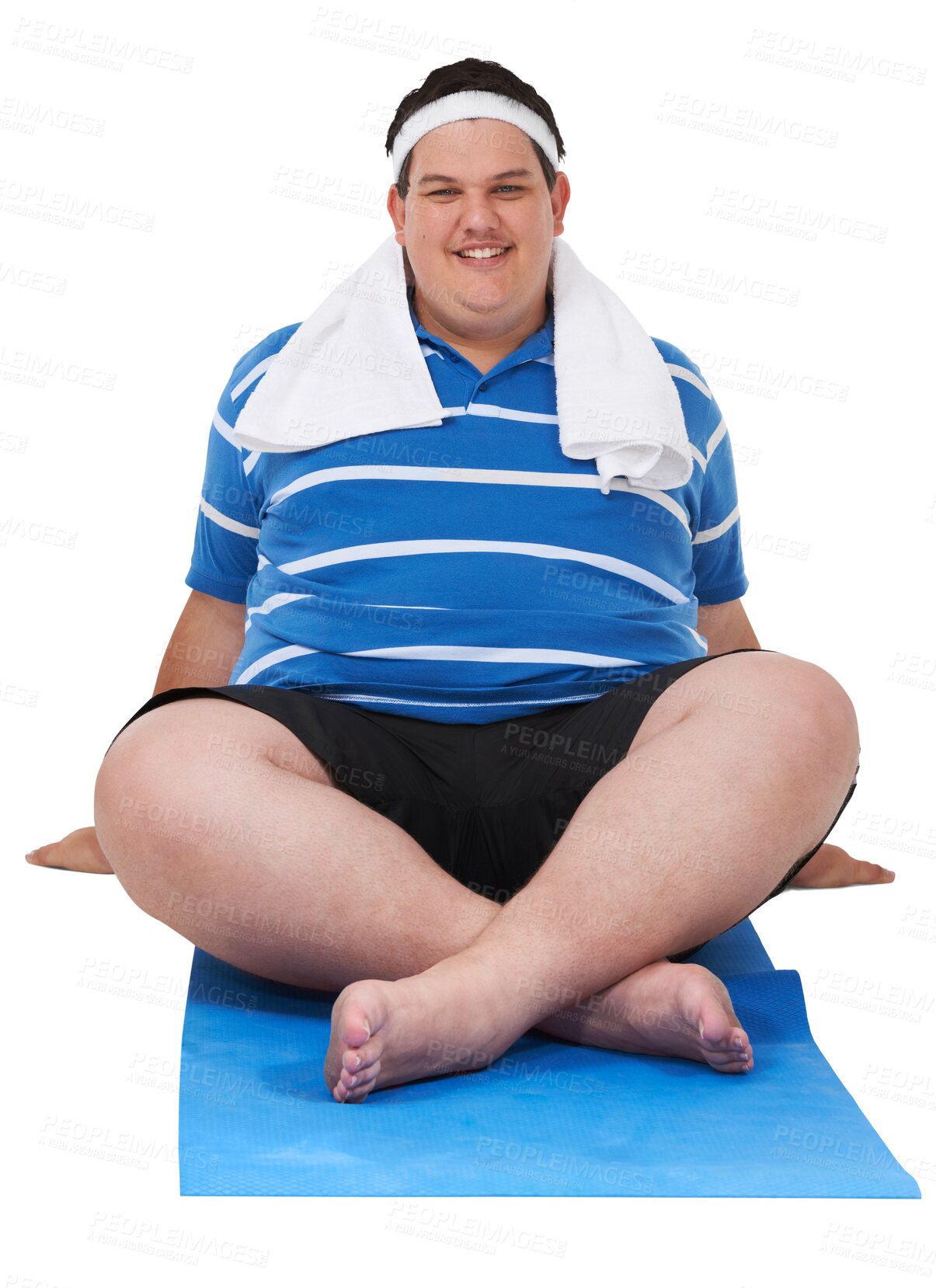 Buy stock photo Plus size man, exercise and yoga mat in portrait with smile, pride and fitness by transparent png background. Isolated guy, happy and gym for workout, training or lose weight for  body transformation