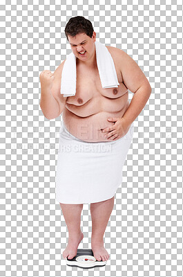 Buy stock photo Plus size man, scale and celebrate for body, results or progress with cheers by transparent png background. Isolated guy, excited and fist in air for transformation, success or lose weight for health