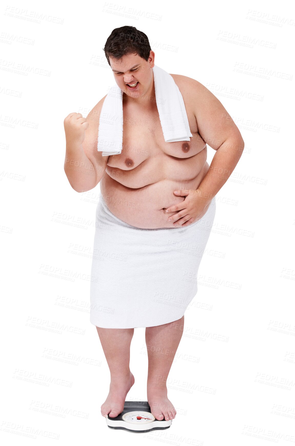 Buy stock photo Plus size man, scale and celebrate for body, results or progress with cheers by transparent png background. Isolated guy, excited and fist in air for transformation, success or lose weight for health