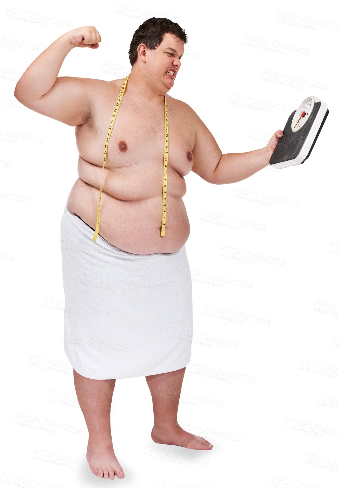 Buy stock photo Plus size man, scale and angry for body, results or sad for progress by transparent png background. Isolated guy, stress and punch for mistake, transformation or fail to lose weight for health