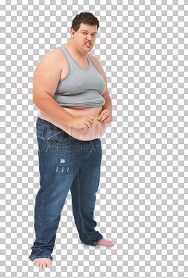 Buy stock photo Stomach, tape measure and portrait of plus size man with body, anxiety or diet fail on isolated, transparent or png background. Weight loss, stress and face of male model frustrated by detox mistake