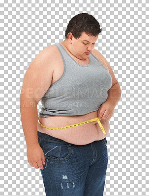 Buy stock photo Weight loss, progress and tape measure for plus size man with stomach check on isolated, transparent or png background. Bmi, control and male model with belly, measuring or diet, detox or results