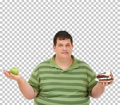 Buy stock photo Man, apple and cake with healthy food choice and portrait for diet problem isolated on transparent png background. Dessert, green fruit and plus size model for detox decision or lose weight challenge