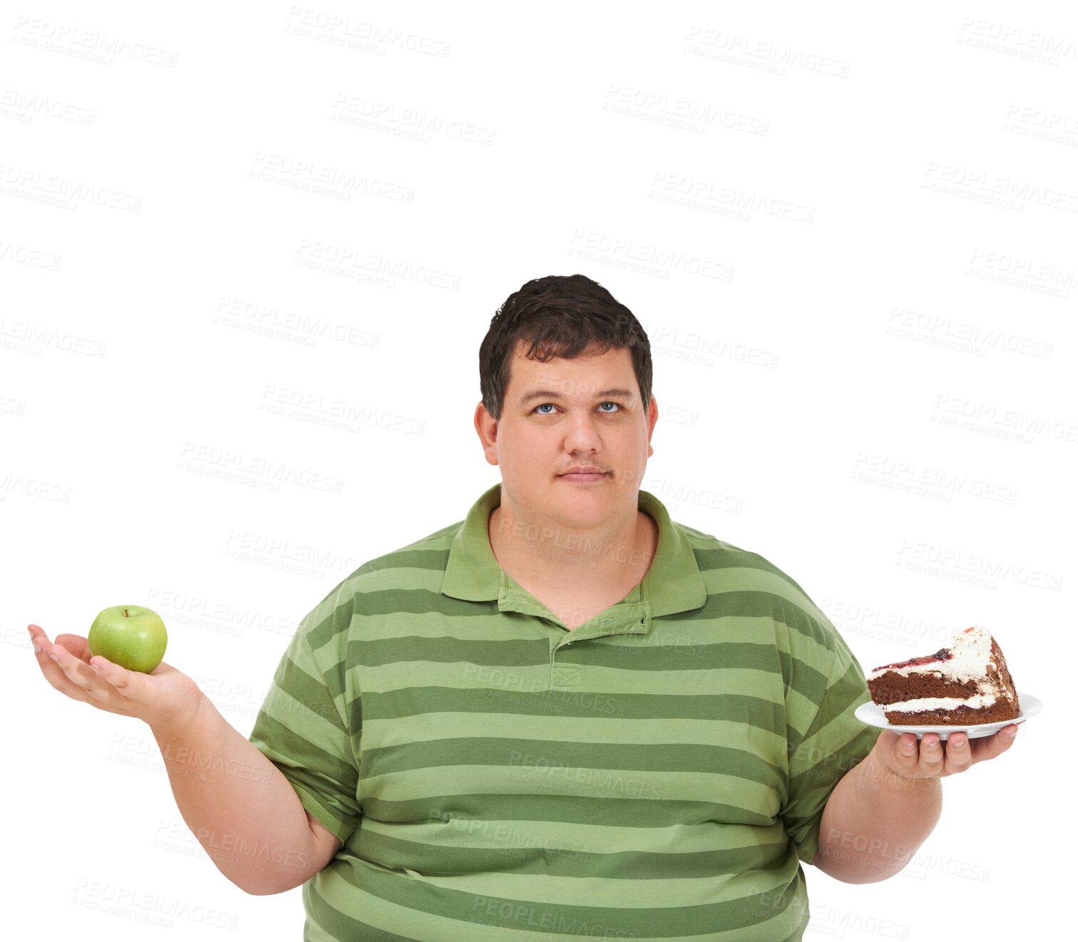 Buy stock photo Man, apple and cake with healthy food choice and portrait for diet problem isolated on transparent png background. Dessert, green fruit and plus size model for detox decision or lose weight challenge