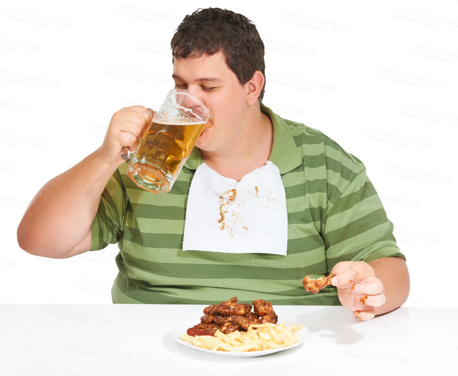 Buy stock photo Overweight, man and alcohol or eating fast food with eyes closed and napkin isolated on a png transparent background. Hungry, person and chicken wings or fries with beer and messy calories for lunch