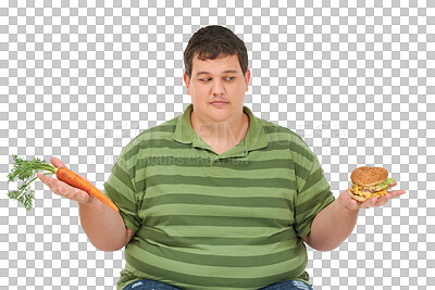 Buy stock photo Man, carrot and hamburger for fast food choice or thinking of diet isolated on transparent png background. Cheese burger, vegetables and plus size model for decision, problem or lose weight challenge